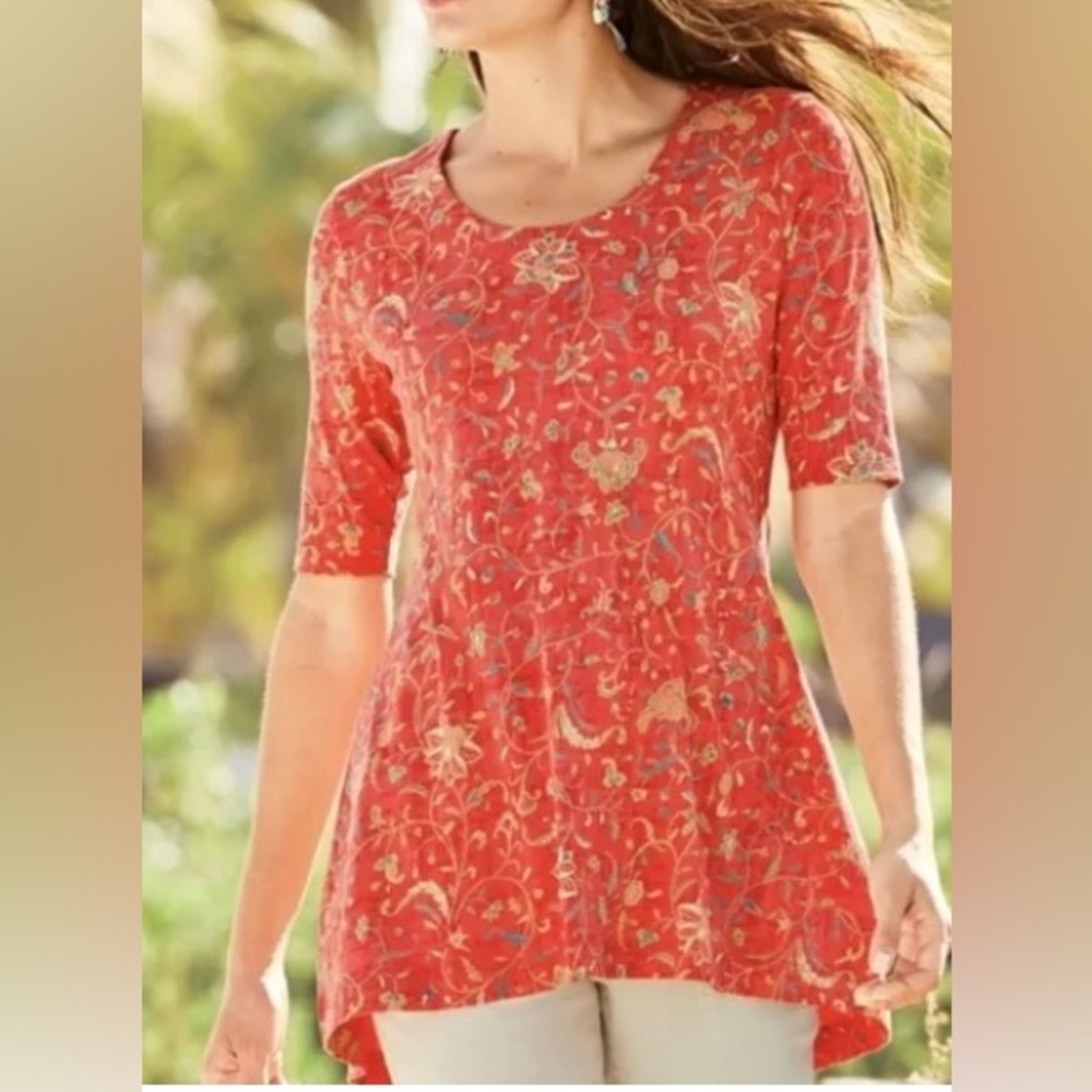 Peruvian Connection Artemis Tunic Shirt Women’s Size Large Floral Short Sleeve - Picture 1 of 9